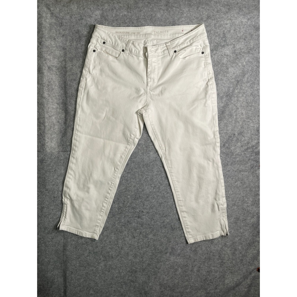 Talbots Signature Crop Pants White Denim Ankle Zip Petite 12P Mid Rise Womens